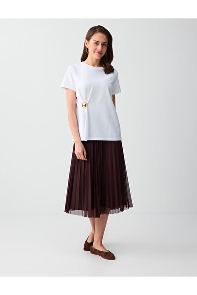 Jimmy Key Καφέ ψηλόμεση φούστα με πλισέ άνετη εφαρμογή μεσαίου μήκους