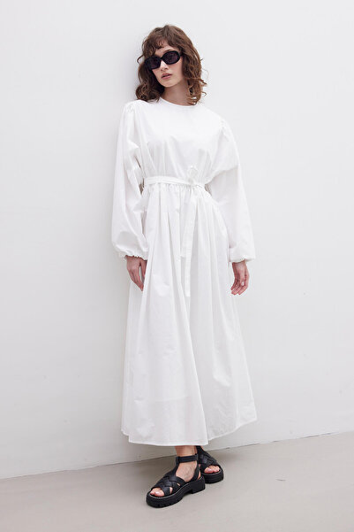 Manuka Εκρού Premium Ποπλίνα Φόρεμα - Συγκεντρωμένο