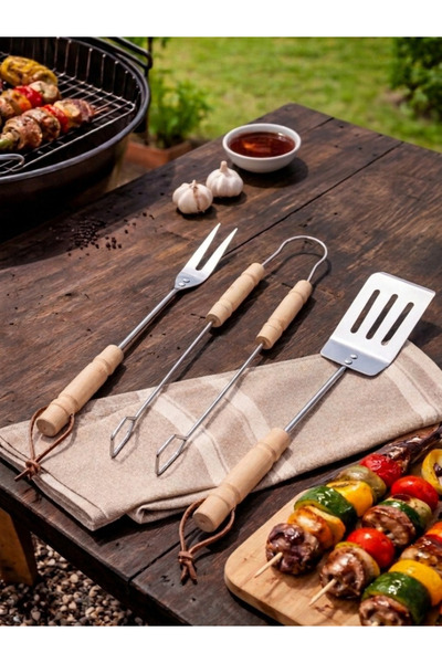 Padilon 3'lü Set Ahşap Saplı Mangal Aksesuar Seti Maşa Spatula Çatal Krom Kap...