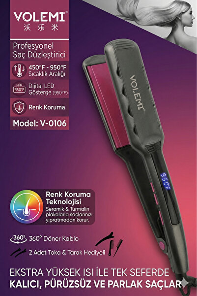 VOLEMİ Wide Ceramic Plate Hair Straightener Fast Heating Digital Led Display ...