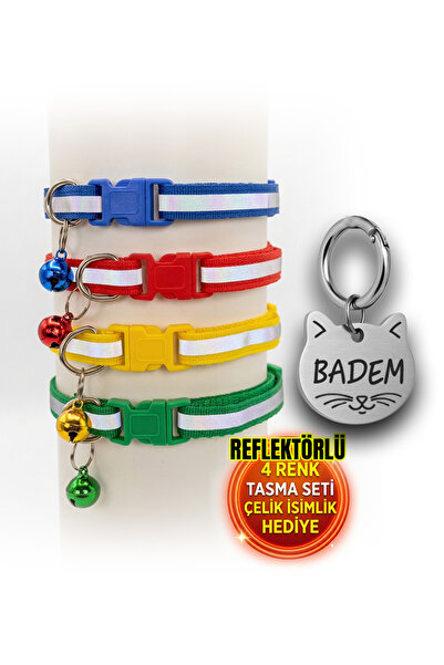 dekoliva 4 RENK KEDİ TASMASI SETİ ÇELİK İSİMLİK HEDİYELİ PATİ DESEN