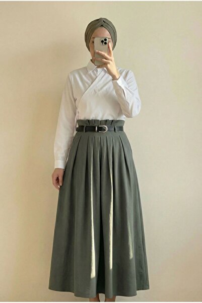 MİHRA STORE Φούστα Luna με πιέτες και ζώνη Modal-BN4610.4644 Ανοιχτό Χακί