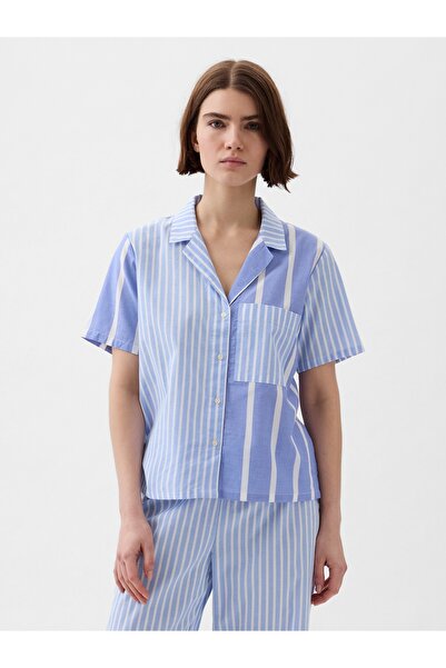 GAP Kadın Mavi Desenli Poplin Pijama Üstü