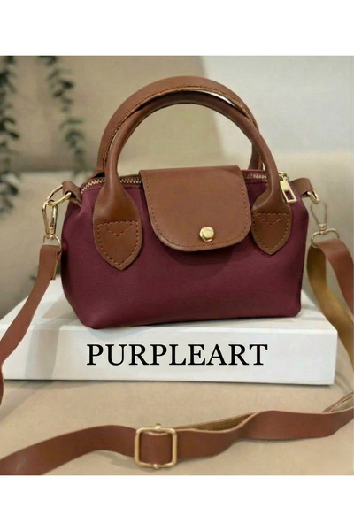 PurpleART Kadın Bordo ve Taba Detaylı Çift Renkli Minimal Omuz ve Çapraz Çant...