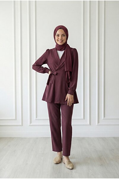 MİHRA STORE Μπελιντσόνα Σακάκι με Ζώνη και Λεπτομέρειες-AS00466 Κλαρέτ Ρέντ