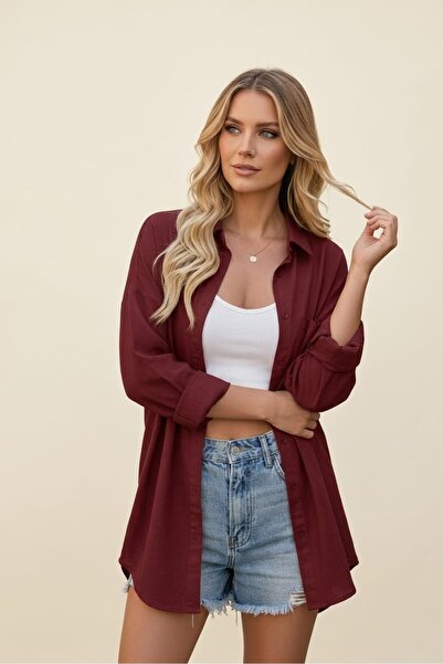 Modabenna Βουργουνδία oversized Καλοκαίρι Βαμβάκι Λινό Πουκάμισο Με τσέπες Tr...