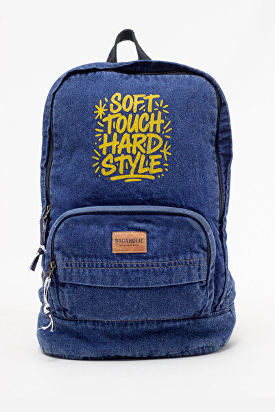 KAFF Zippered Front Pocketed Design Unisex Vintage Denim Backpack -Moonkot