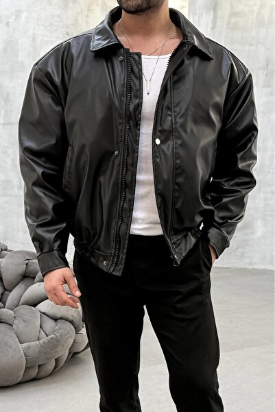 DOPPİO'N DENİM Ανδρικό μαύρο Oversize Vintage Δερμάτινο Μπουφάν