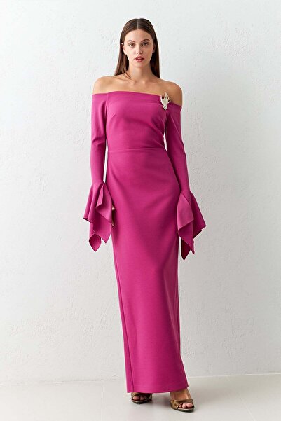 Setre Φούξια λεπτή εφαρμογή με λεπτομέρεια ώμου και μανίκι Maxi φόρεμα
