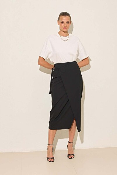 Setre Black Double-Breasted, Form-Fitted, Slit Midi Skirt with Tie Detail