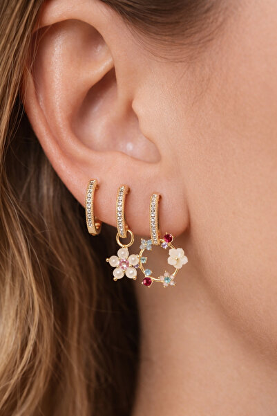 LooRen Butik Zircon Stone Colorful Flower Detailed Gold Color Earring Set – 3...