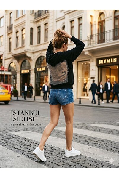 MeAndMe Fashion Kristal Taşlı Sırt Detaylı Kapüşonlu Modal Sweatshirt Hoodie