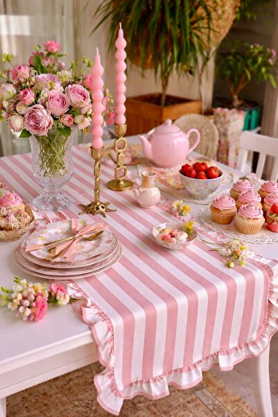 vintagetasarım Runner ροζ ριγέ βολάν vintage λινό πάπιας 40x130