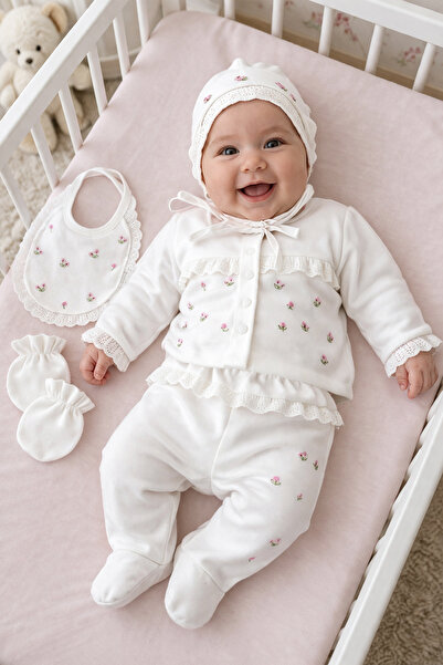 Sitilin Kız Bebek Natural Pamuk Kumaş 5 Li işlemeli Lüks Hastane Çıkışı Seti ...