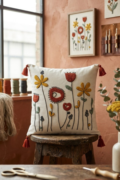 Valmia Home Buldan Handmade Tasseled Cushion Cover |   Embossed Wildflower Patterned Natural Woven Fabric - 42X42 cm