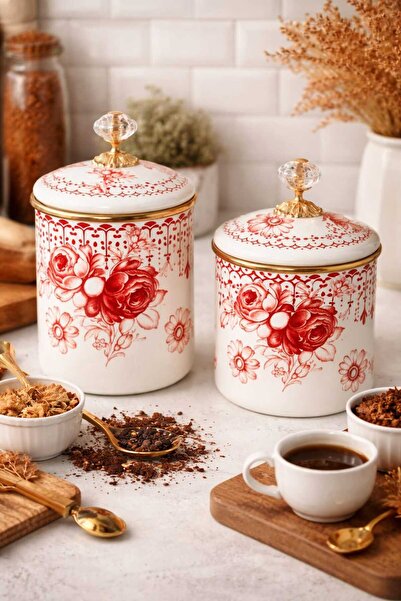 EBRULİEMAYE KIRMZI DAMLA GÜL EMAYE İKİLİ KAVANOZ SETİ 15 CM VE 9 CM ÇAY ŞEKER...