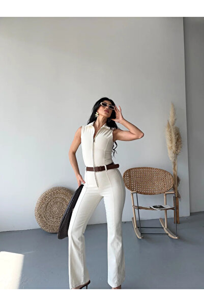 Coşkun GİYİM Γυναικεία αμάνικη φόρμα τζιν με φερμουάρ και κουπς NATUREL 3013-80