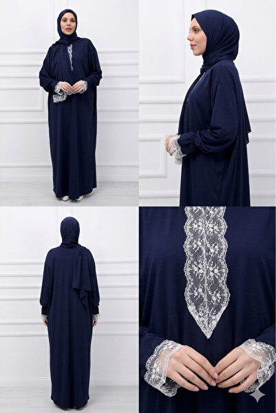 Genel Markalar Kendinden Başörtülü Şık Dantelli Kadın Tesettür Namaz Elbisesi