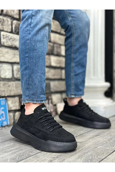 BOA BA0332 Men's Sneakers - High Sole, Suede Black, Ladder Pattern and Laces
