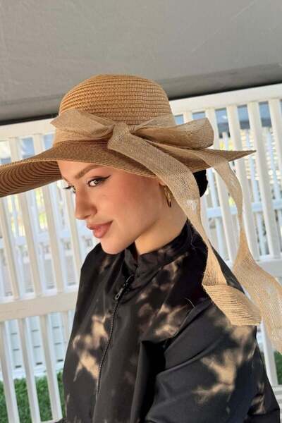 Şulemoda Giyim Ψάθινο καπέλο με φιόγκο καμηλό