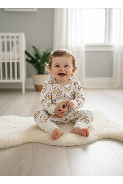 minço bebe Kız Bebek Papatya Baskılı Çıtçıtlı Patiksiz Tulum %100 Pamuk Esnek