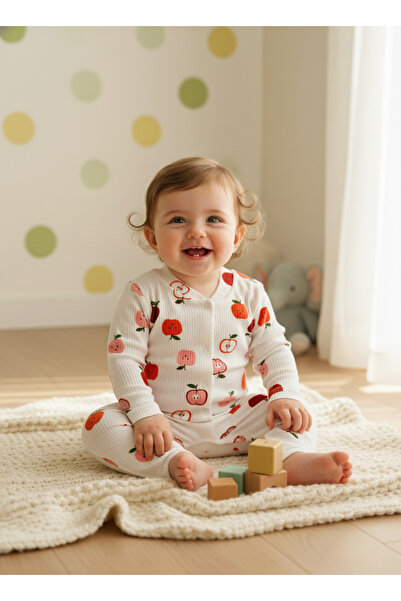 minço bebe Kız Bebek Elma Baskılı Çıtçıtlı Patiksiz Tulum %100 Pamuk Esnek