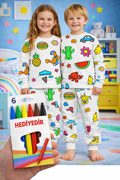 Esrabutik Boyama Kalemi HEDİYELİ Boyanabilir Uzun Kollu Çocuk Pijama Takımı