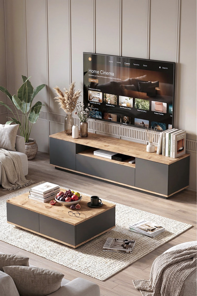Yurudesign Future Tv Ünitesi Orta Sehpa 2'Li Set Çam-Antrasit FR17-AA