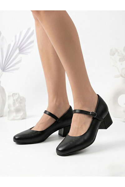 Luges Hakiki Deri Siyah Kare Burun Tek Bantlı Düşük Topuklu Ayakkabı Mary Jane
