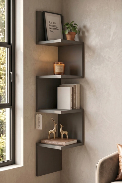 Yurudesign Shelf R9 Köşe Duvar Rafı Modern Kitaplık Antrasit