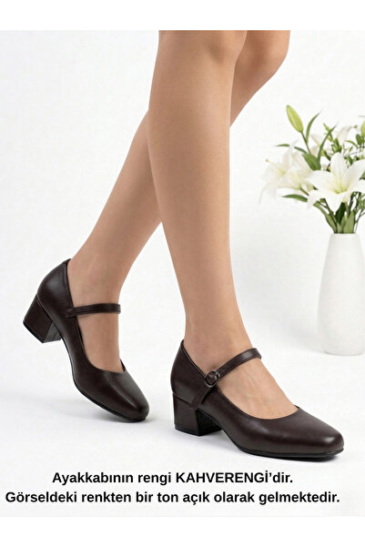 Luges Hakiki Deri Kahverengi Kare Burun Tek Bantlı Rahat Düşük Topuklu Ayakka...