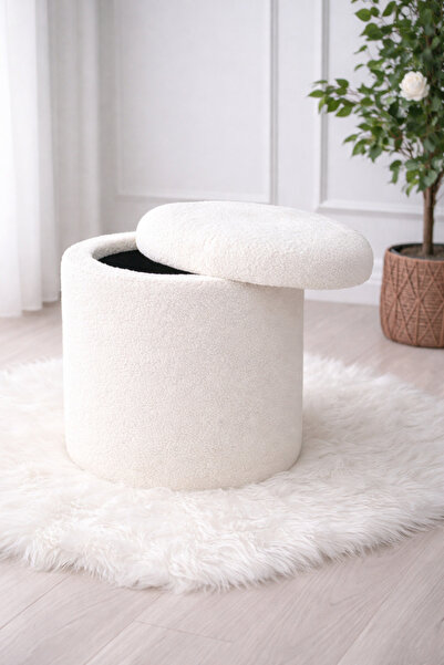 Yuems home Teddy Kumaş Sandıklı Yuvarlak Puf (beyaz)