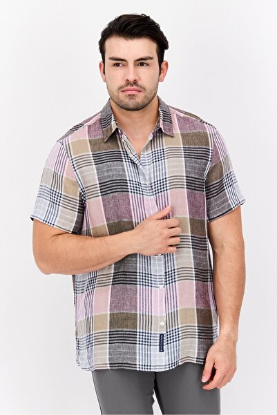 Perry Ellis قميص رجالي كاجوال بأكمام قصيرة ومنقوش بقصّة عادية، متعدد الألوان