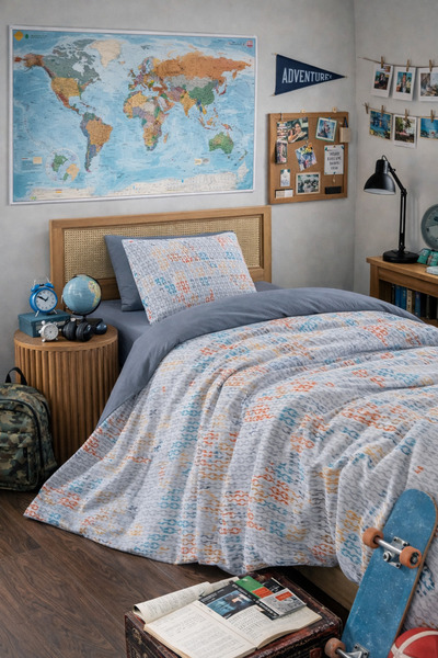 MyStory Home Σετ Παπλωματοθήκη Μονό με Ελαστικά Σεντόνια Χάρτες