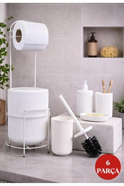 Okyanus Home Kırık Beyaz Yuvarlak Linea Due Standlı Wc Kağıtlık ve 6 Parça Ba...