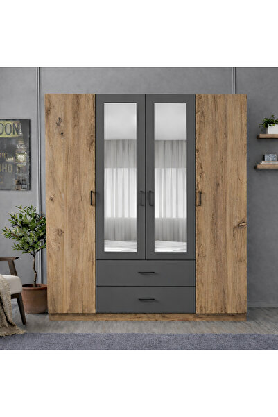 Noiss LATRE 4 KAPAKLI GARDIROP - ANTIK CAM & ANTRASİT - ÇEKMECELİ RAFLI AYNALI