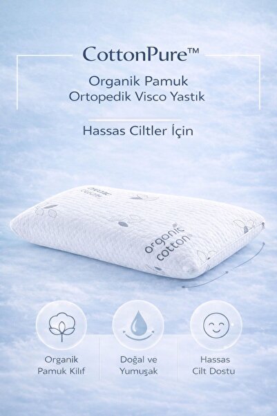 Uykuva CottonPure™ Organik Pamuk Ortopedik Visco Yastık 60x40x13 cm Hassas Ci...