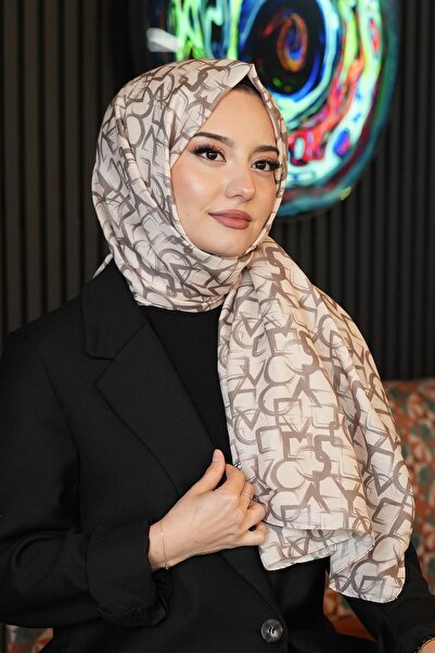 AFVENTE Μπεζ βαμβακερό σάλι με γεωμετρικό σχέδιο