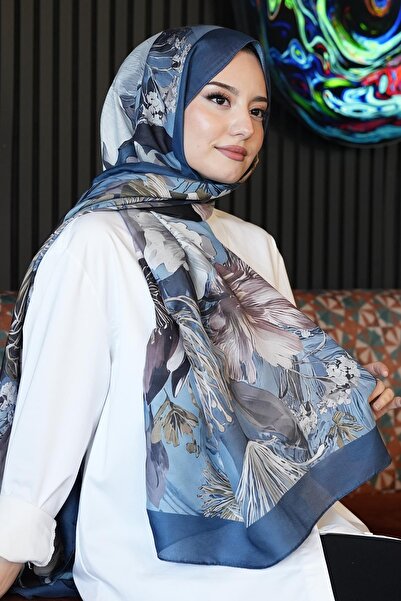 AFVENTE Μαλακό βαμβακερό σάλι με βοτανικό σχέδιο λουλουδιών σε τιρκουάζ