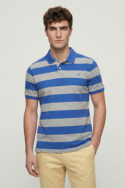 SMILE Mazzini Gray - Sax 100% Cotton Striped Polo T-Shirt