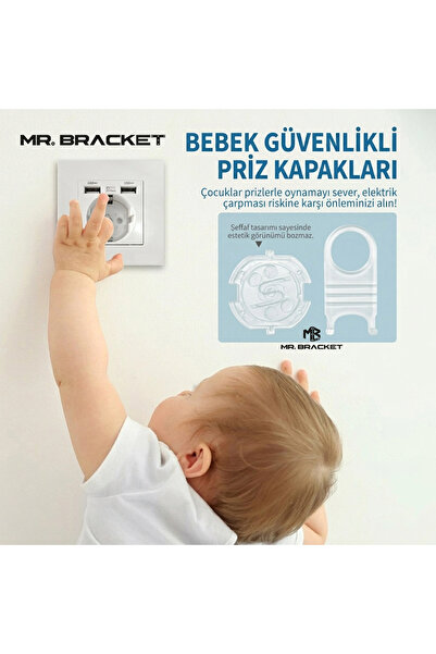 MR.BRACKET 5 Kapak + 1 Anahtar Otomatik Kapanır Bebek Priz Koruyucu Şeffaf - Priz Koruma Emniyet Aparatı Kapağı