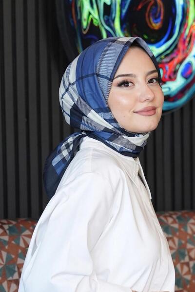 AFVENTE Square-Striped Pattern Blue Cotton Scarf