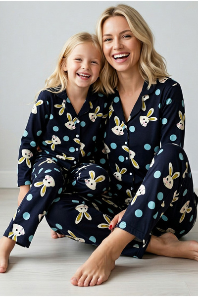 Siyah İnci Lacivert Pamuklu Düğmeli Pijama Takım