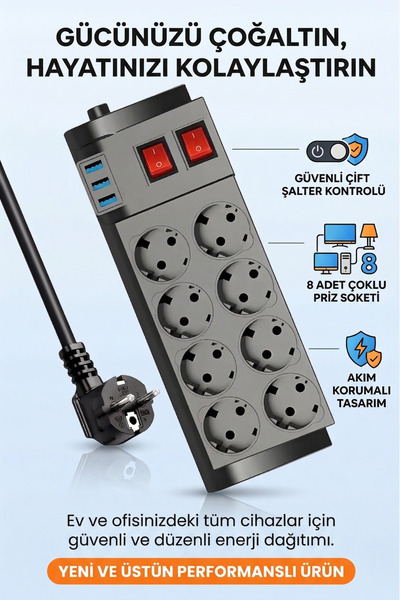 MATECHNO 2 Metre Uzatma Kablosu 8’li Çoklu Priz – 3 USB Girişli, Termal Akım ...