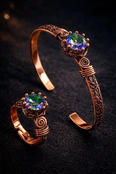 Women's Copper Bracelet Ring Set Clamp Antiallergic Bracelet with Mystic Topaz Gemstone