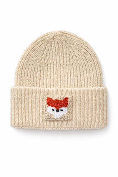 byebruketenci Ανοιχτόχρωμο Μάλλινο Μπερέ Κρέμα με Λεπτομέρεια Fox Punch, Unis...