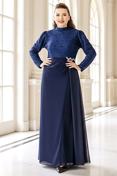 SUBU TASARIM Βραδινό φόρεμα από δαντέλα σιφόν Navy Blue TBS958