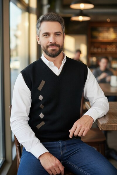 Kamalı Black Men's Steel Knit Winter Thick Knitwear V-Neck Knitwear Knit Non-...