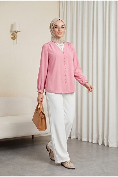 Modamorfo Πουκάμισο με λαιμόκοψη V και κουμπιά στην πλάτη - ροζ