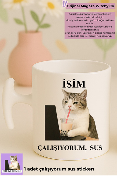 Witchy Co İsme, Kişiye Özel Çalışıyorum Sus Yazılı Kedili Komik Kupa Bardak v...
